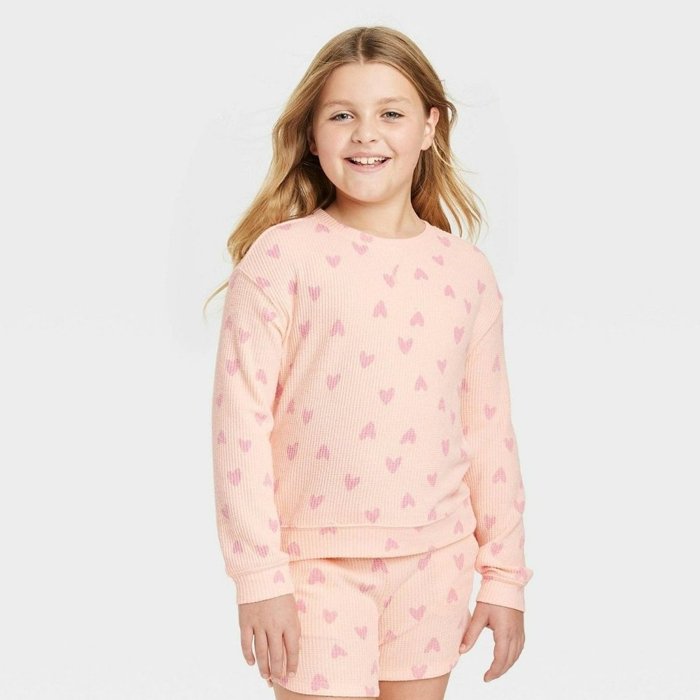 Girls' Cozy Waffle Top Cat & Jack Soft Peach Medium